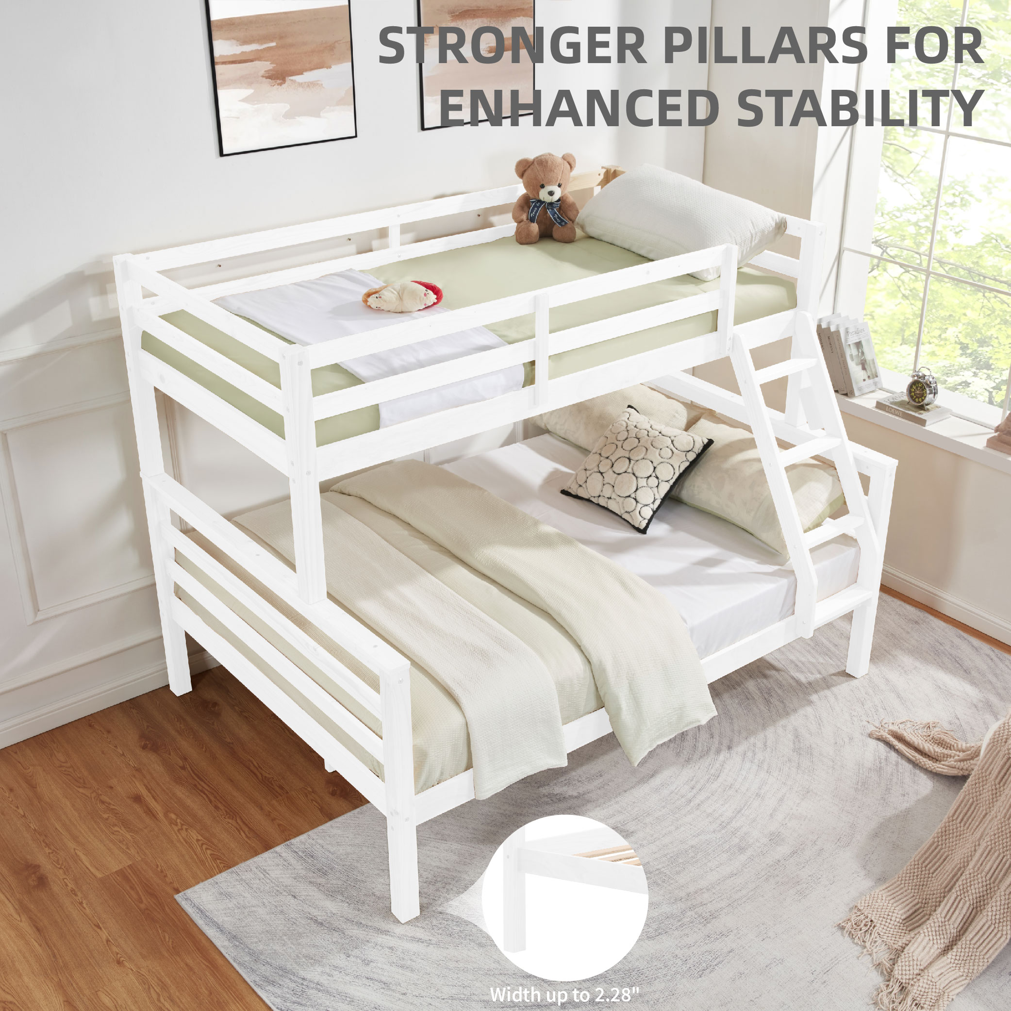Twin over Full Bunk Bed with Thick Posts,Wooden Bunk Bed with High Guardrail and Ladder for Kids, Teens, Dorm Rooms, and Guest Rooms,No Box Spring Needed,White Twin over Full Bunk Bed with Thick Posts,Wooden Bunk Bed with High Guardrail and Ladder for Kids, Teens, Dorm Rooms, and Guest Rooms,No Box Spring Needed,White